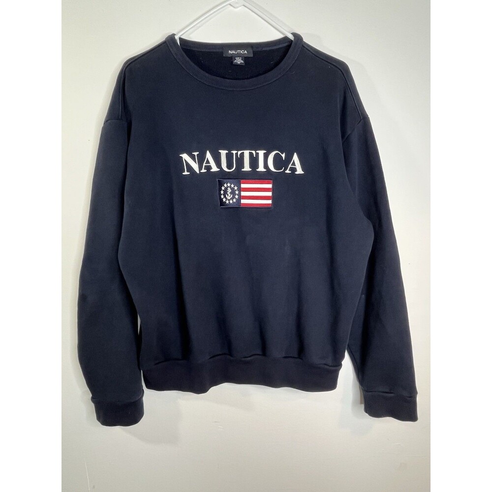 NAUTICA Navy AMERICAN FLAG PATRIOTIC SWEATSHIRT CREWNECK Fishermancore Coastal M